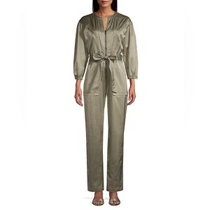 Rebecca Taylor Utility Sateen Jumpsuit, Long Sleeves Olive Green Size 12 NWT